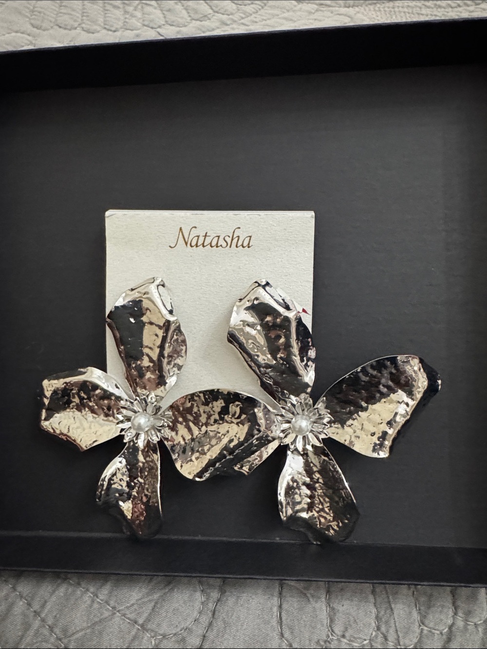 Natasha Silver-Tone Hammered Flower Earrings with Pearl Centers